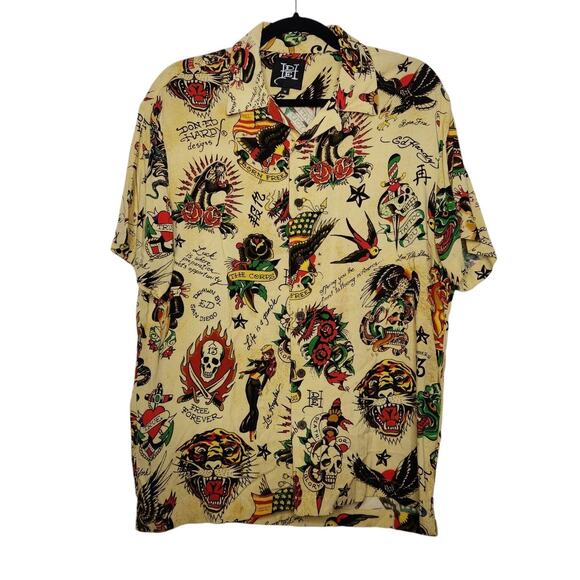 Y2k Ed Hardy Tattoos All Over Button Shirt Tiger Women Nature Eagle Skater - Picture 1 of 5